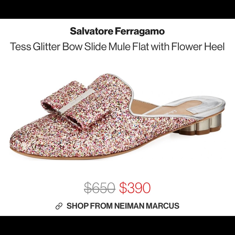 Salvatore Ferragamo
Tess Glitter Bow Slide Mule Flat with Flower Heel